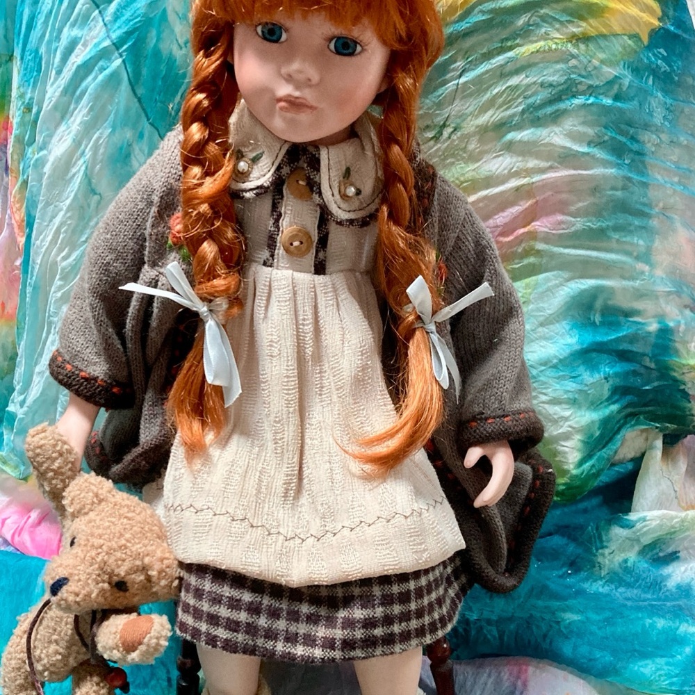 Red Hair Doll on Stool Duck house Teddy Bear